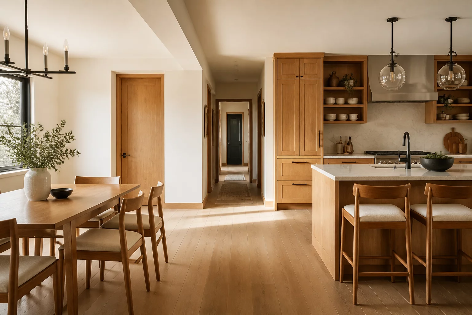 Open plan kitchen and dining area featuring wide circulation pathways and modern architectural ergonomics