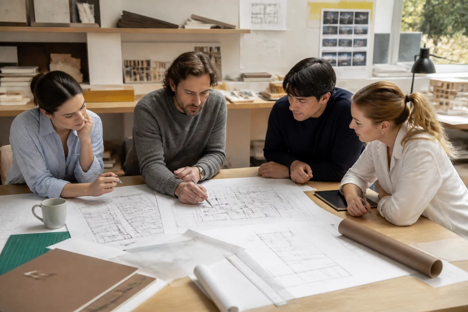 Architectural design team reviewing spatial sequence drafts on workspace desk