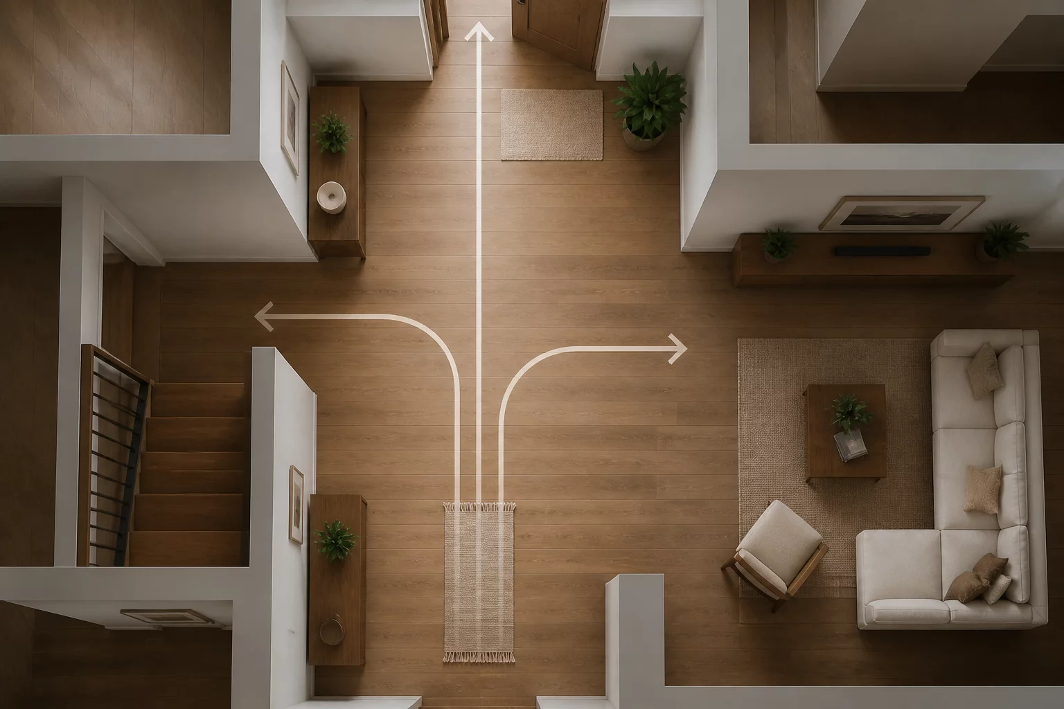 Top-down architectural drawing illustrating clear circulation routes and dimensions in a shared corridor